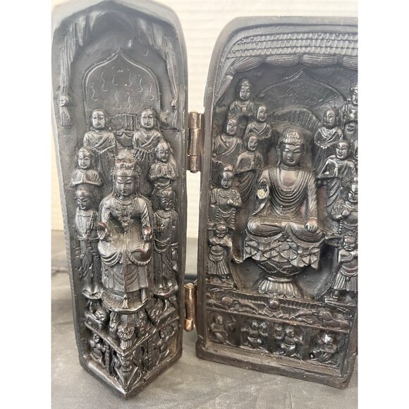 Vintage Buddhist Folding Travel Portable Shrine Kwan Yin Chinese Temple Resin - Picture 4 of 11